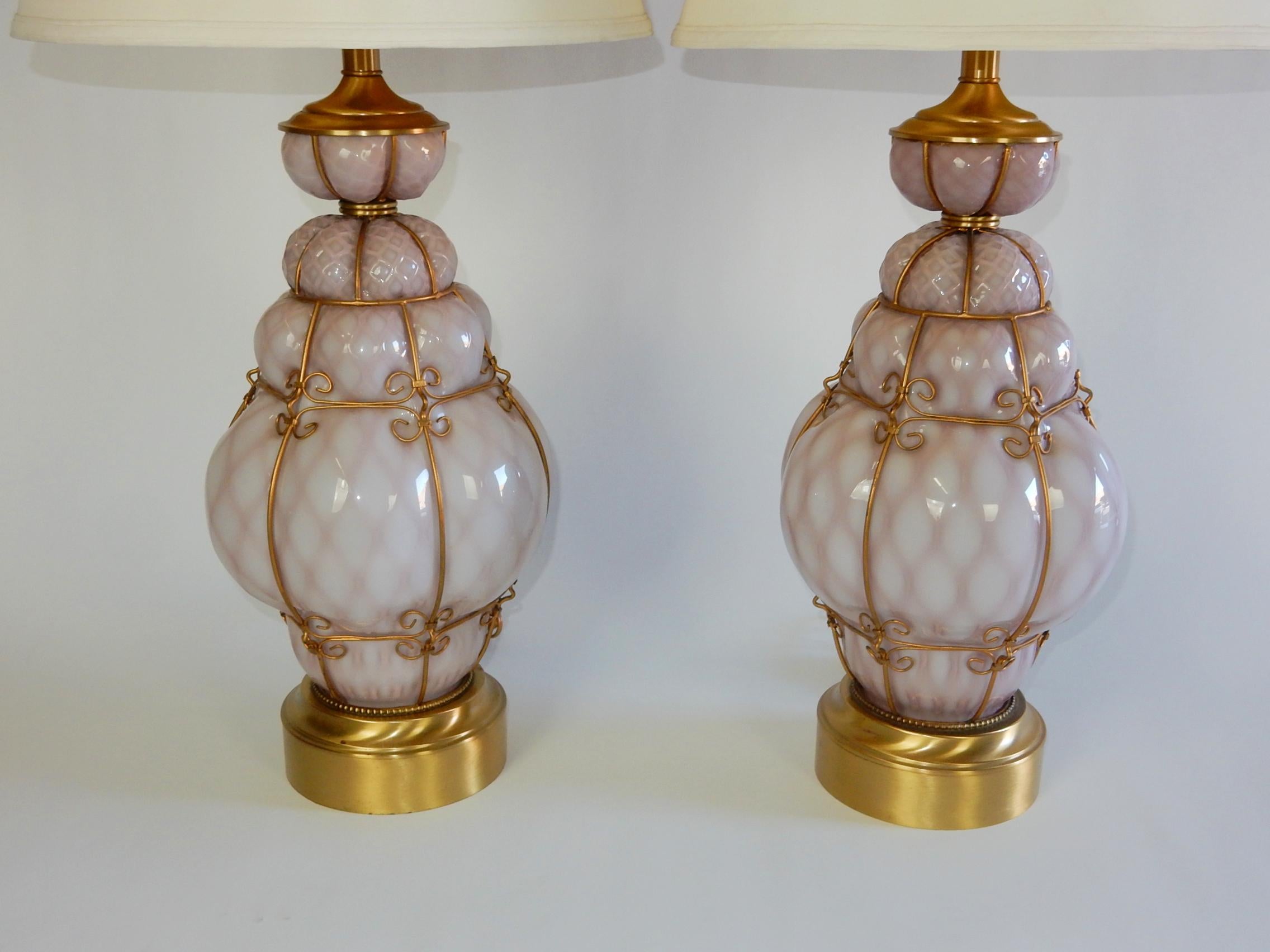Mid-Century Modern Murano Violet Caged Blown Bubble Glass Lamps Designed by Seguso, Italy For Sale