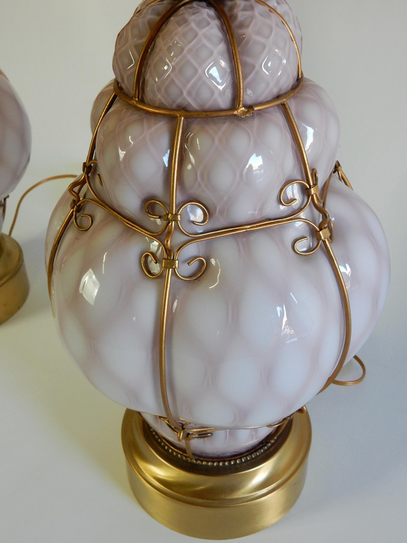 Italian Murano Violet Caged Blown Bubble Glass Lamps Designed by Seguso, Italy For Sale