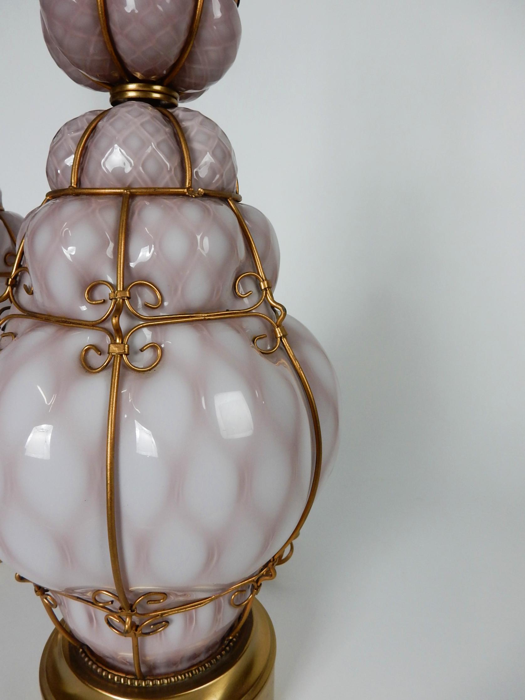 Murano Violet Caged Blown Bubble Glass Lamps Designed by Seguso, Italy In Good Condition For Sale In Las Vegas, NV