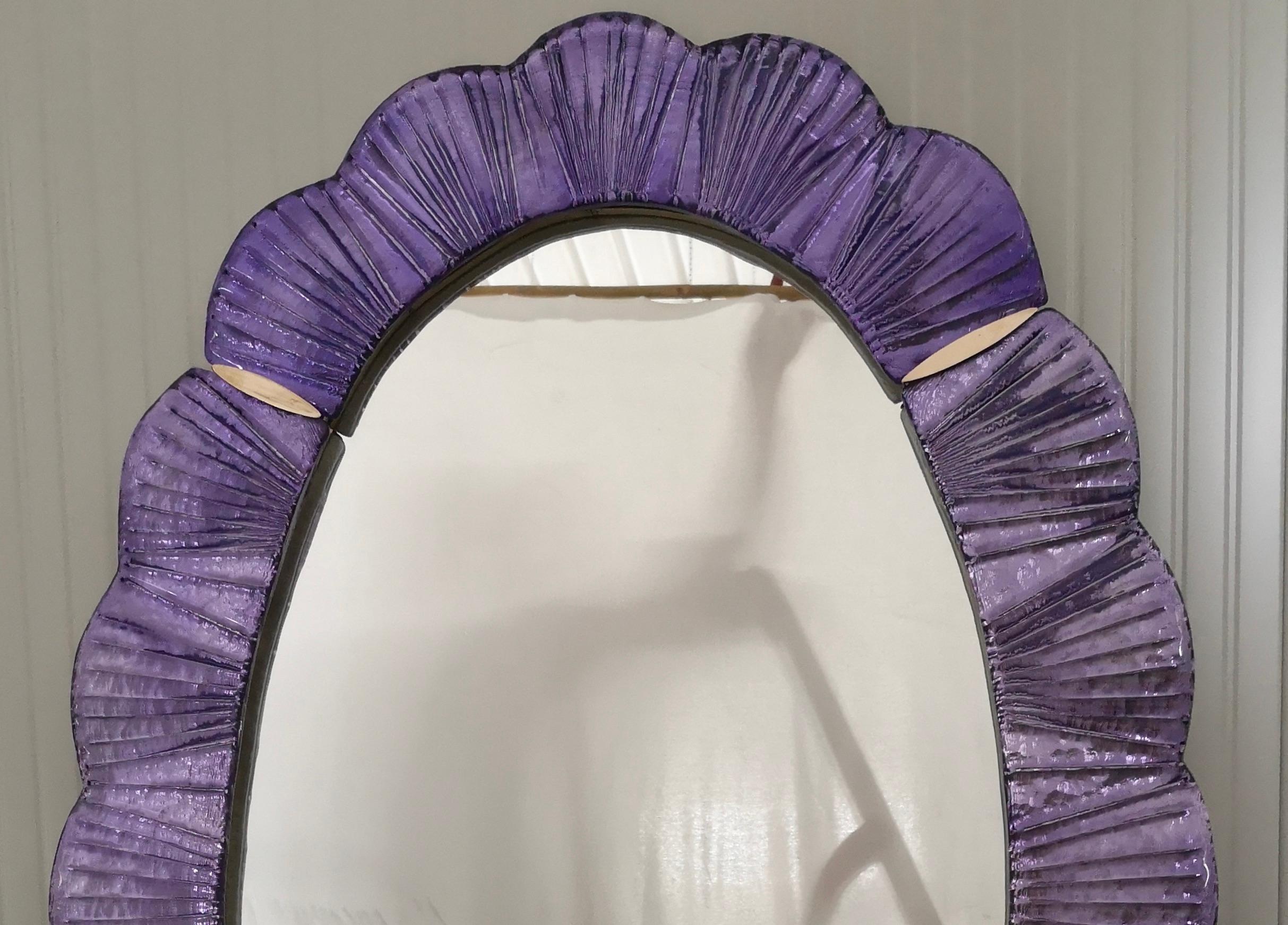 Mid-Century Modern Murano Violet Glass and Brass Wall Mirror, 1990 For Sale