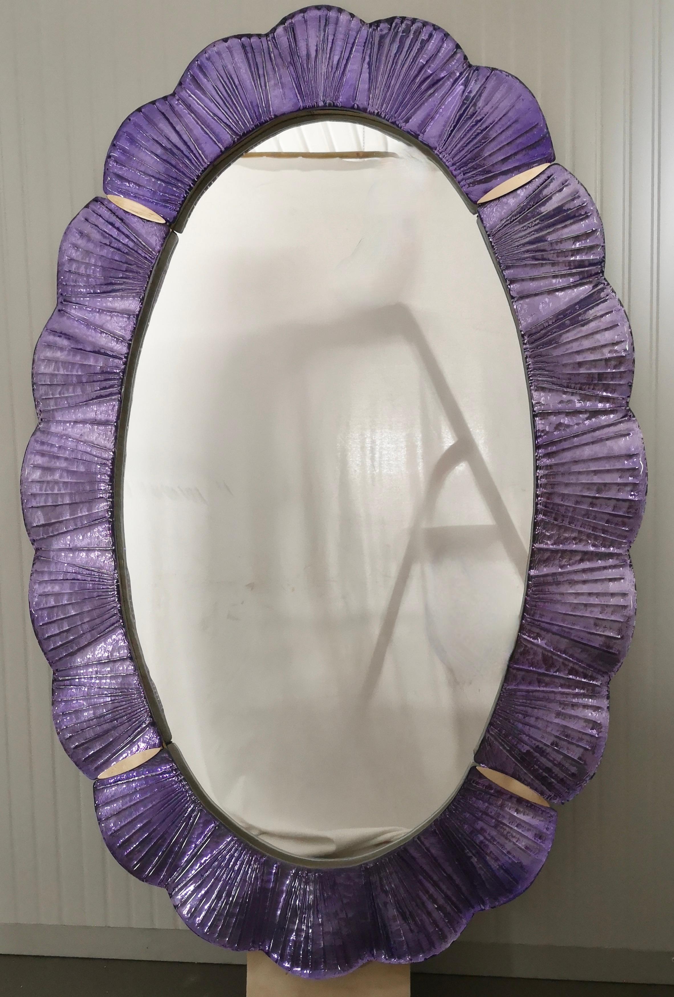 Italian Murano Violet Glass and Brass Wall Mirror, 1990 For Sale