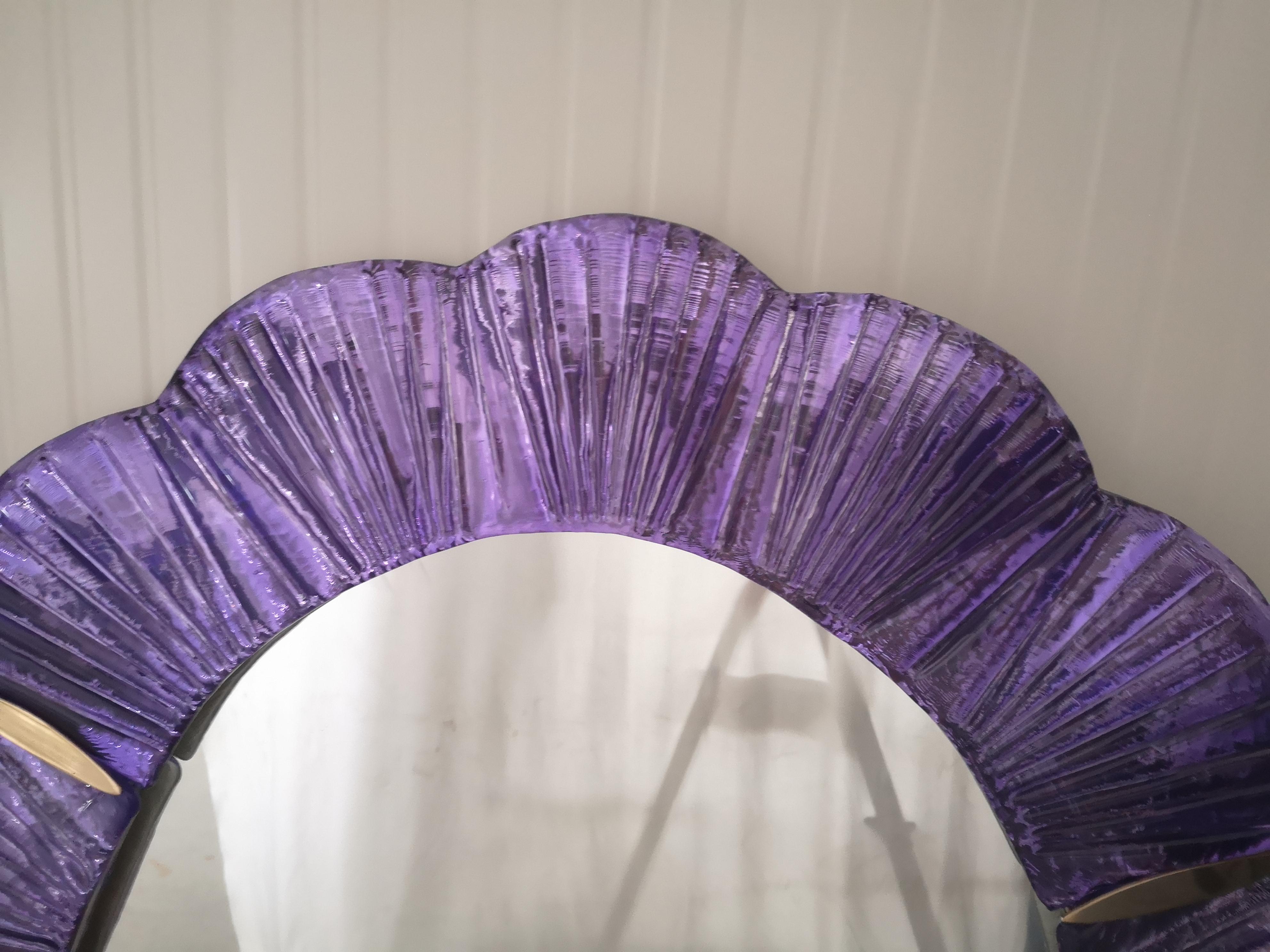 Late 20th Century Murano Violet Glass and Brass Wall Mirror, 1990 For Sale