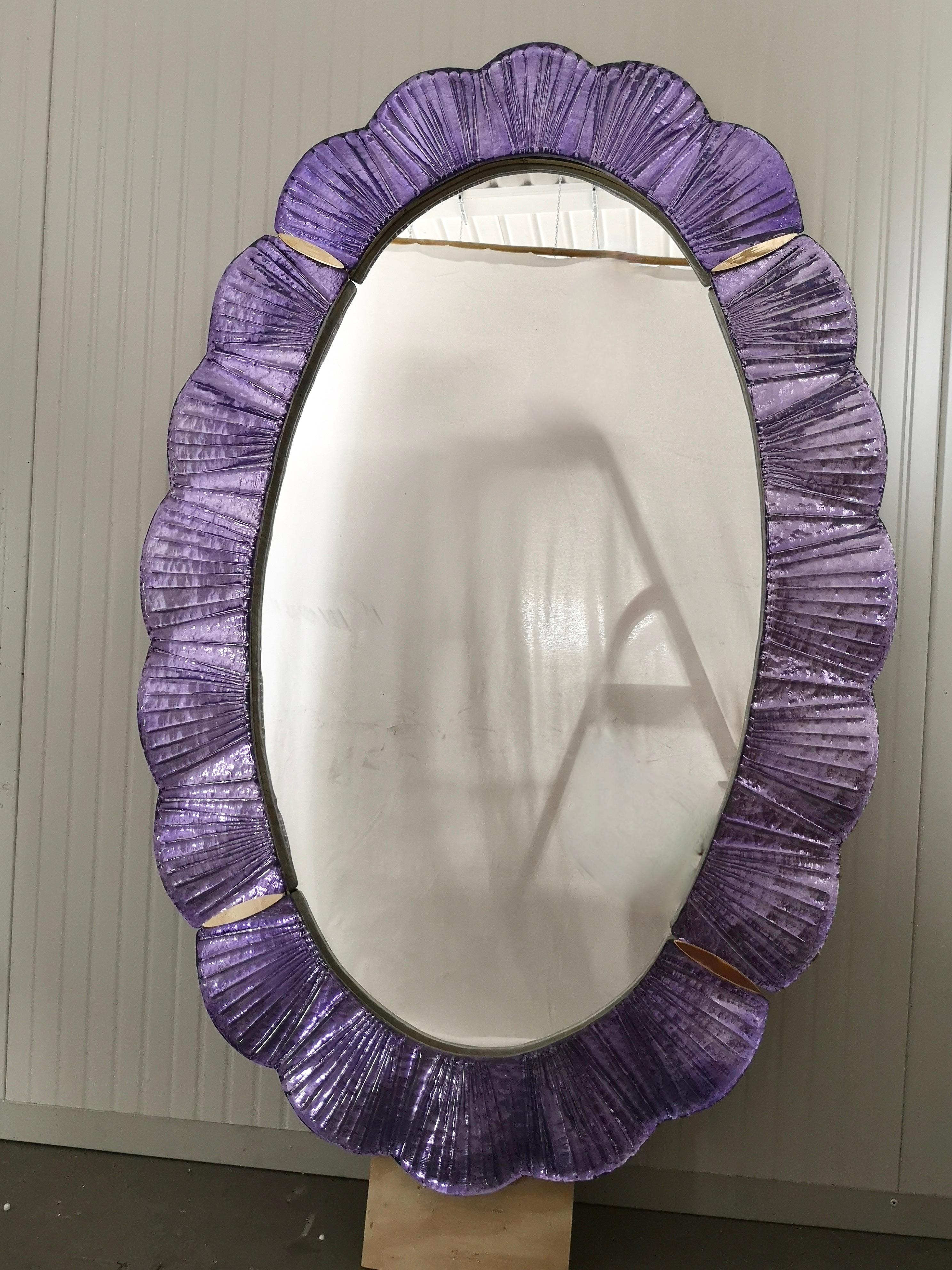 Murano Violet Glass and Brass Wall Mirror, 1990 For Sale 2