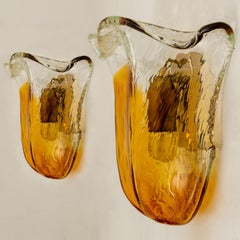 Murano Wall Sconces Tulip shape, Orange Glass and Brass, Italy 1970s