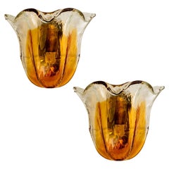 Vintage Murano Wall Sconces Tulip Shape, Orange Glass and Brass, Italy 1970s
