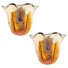 Murano Wall Sconces Tulip shape, Orange Glass and Brass, Italy 1970s