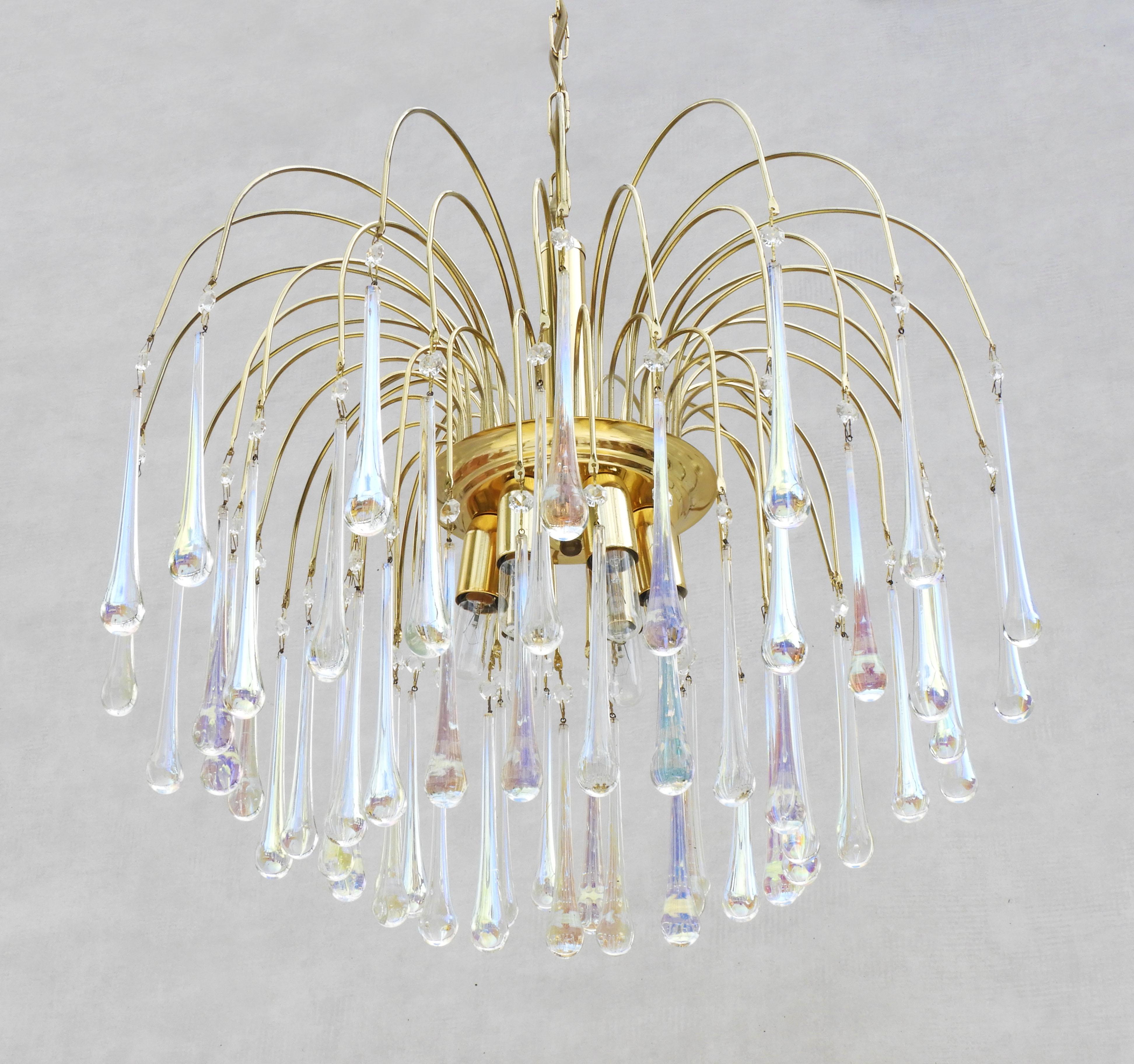 Hollywood Regency Murano Waterfall Crystal Teardop Six Light Chandelier C1970, Italy FREE SHIPPING