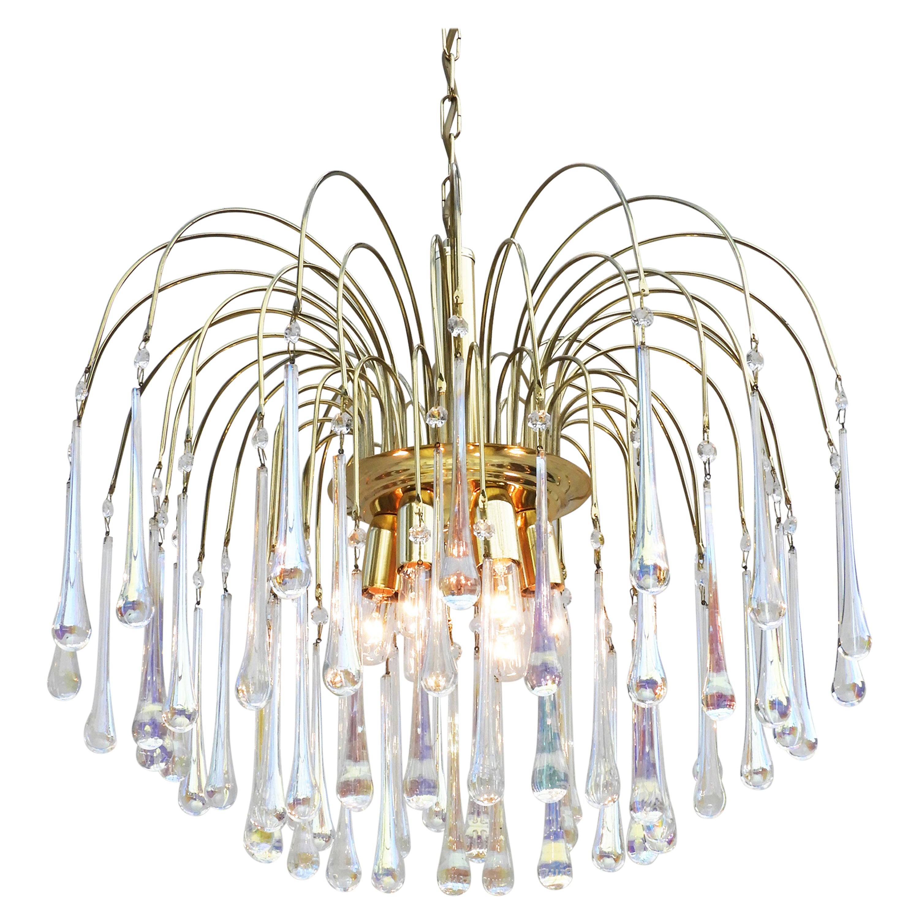Murano Waterfall Crystal Teardop Six Light Chandelier C1970, Italy FREE SHIPPING