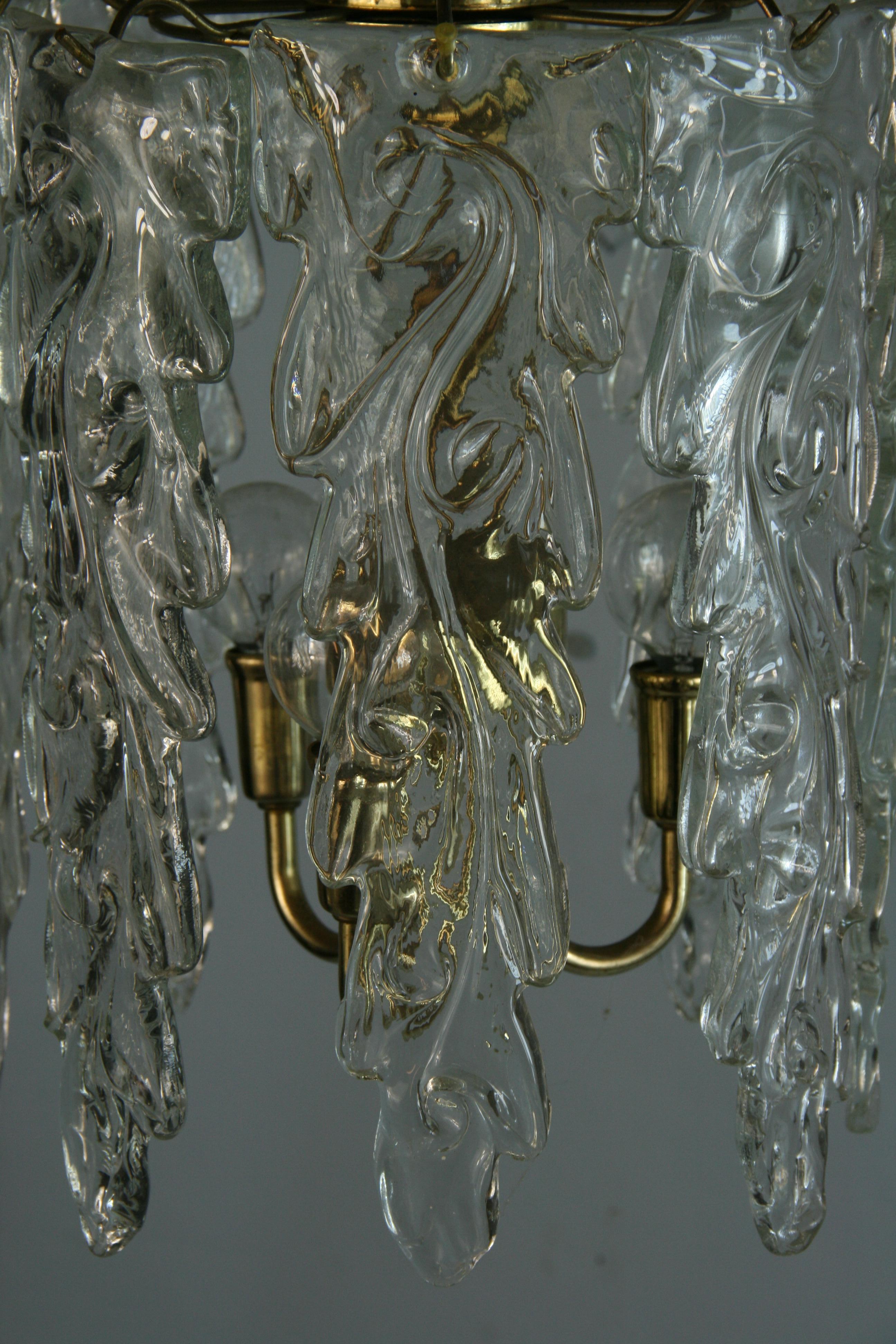 Italian Murano  Waterfall  Glass and Brass Chandelier 1940's For Sale