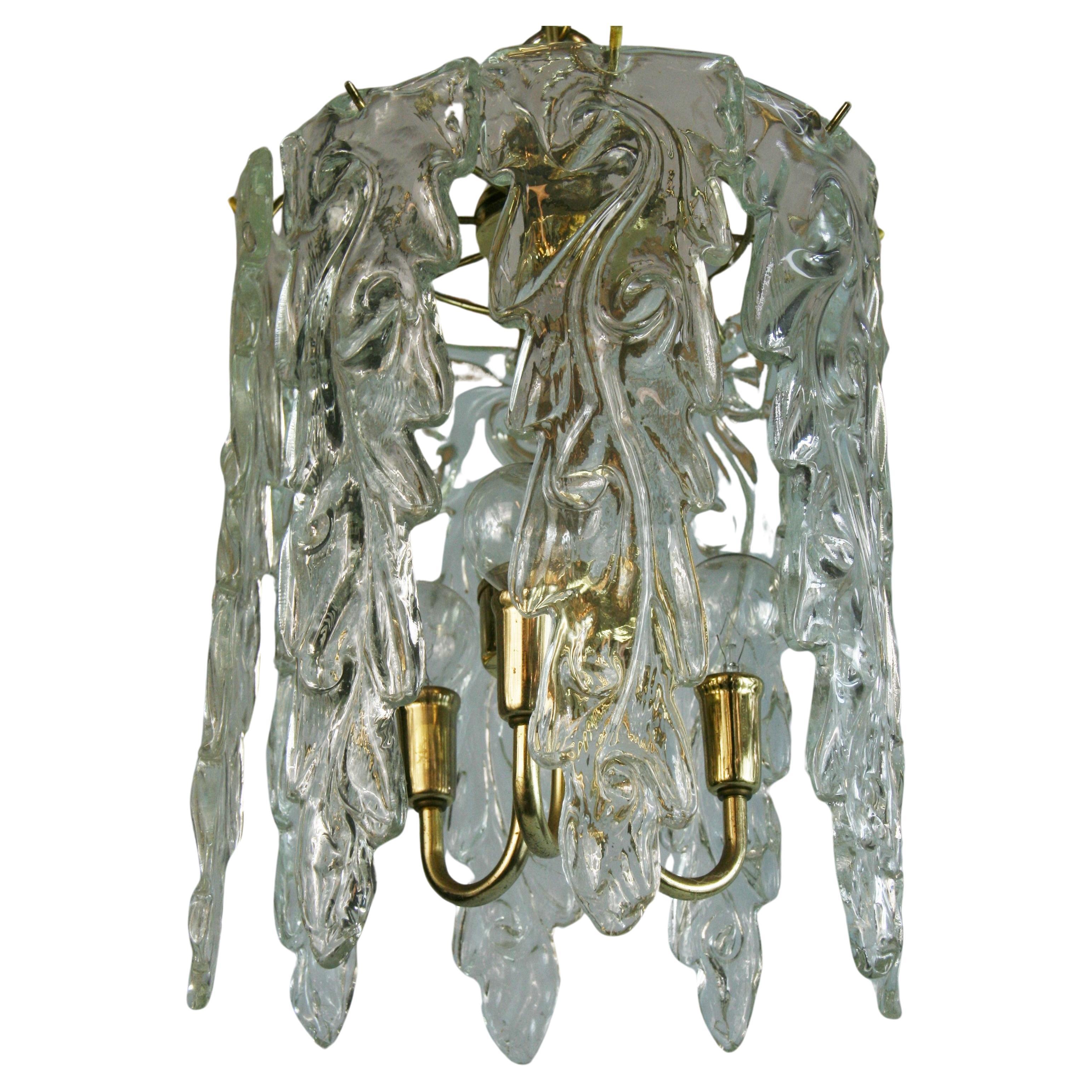 Murano  Waterfall  Glass and Brass Chandelier 1940's For Sale