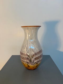 Murano White and Amber Art Glass Vase with Brown Swirl Design