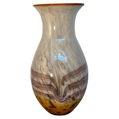 Murano White and Amber Art Glass Vase with Brown Swirl Design