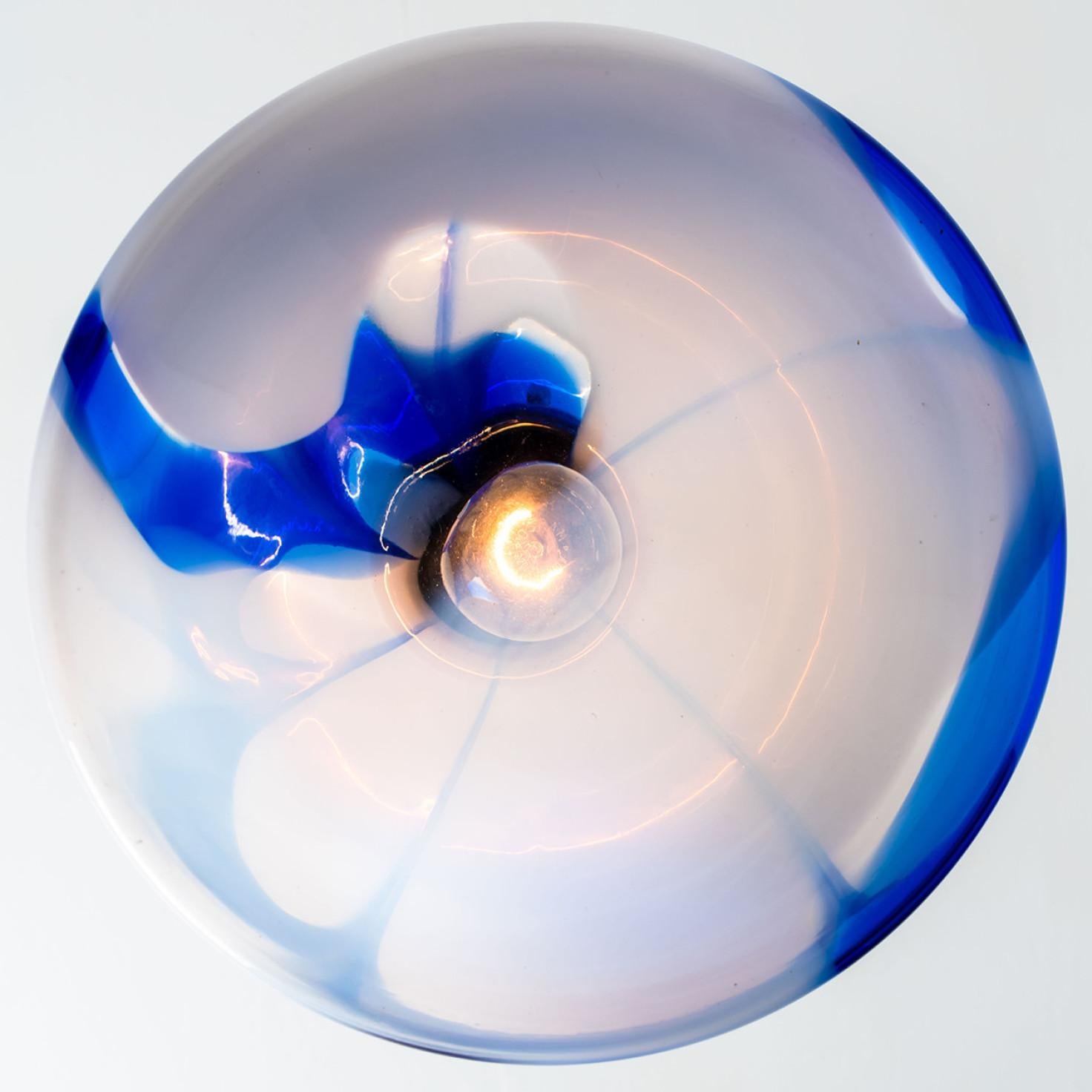Blown Glass Murano White and Blue Glass Pendant Light, Italy, 1970s For Sale