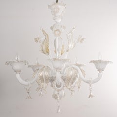 Murano White and Gold glass chandelier 5 lights, Vintage Made in Italy in stock