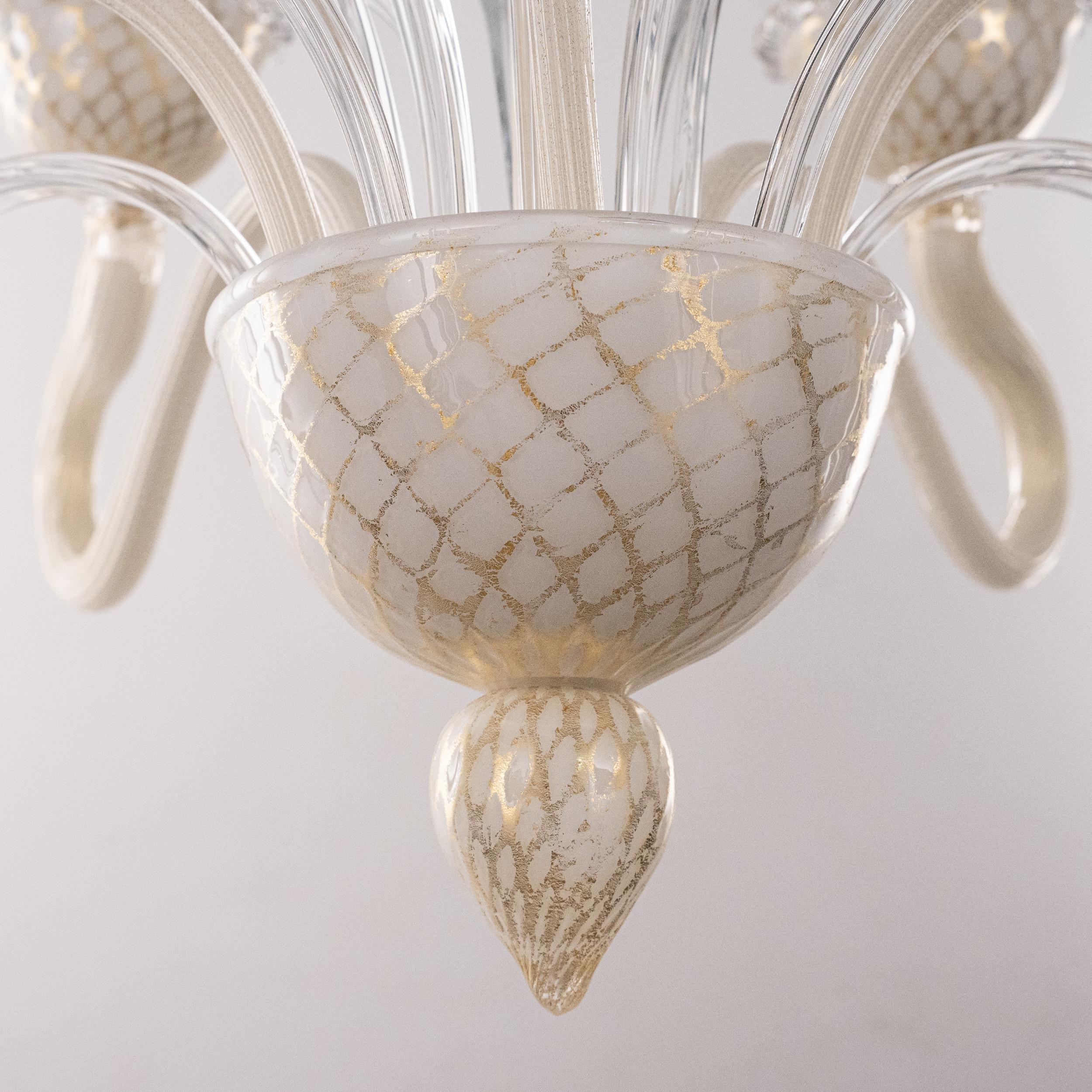 Brass Murano White and Gold glass chandelier 5 lights Vintage Made in Italy in stock For Sale