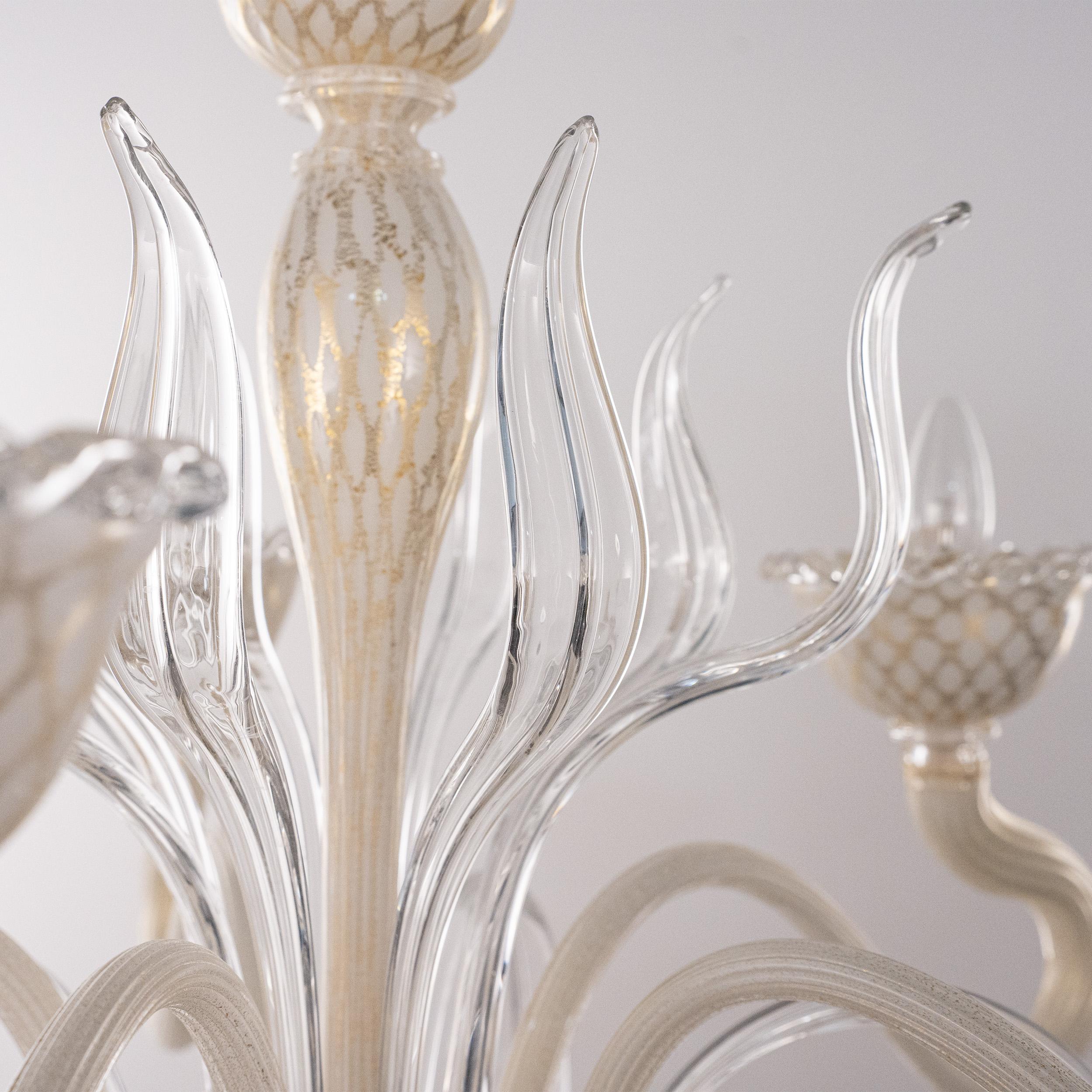 Murano White and Gold glass chandelier 5 lights Vintage Made in Italy in stock For Sale 1
