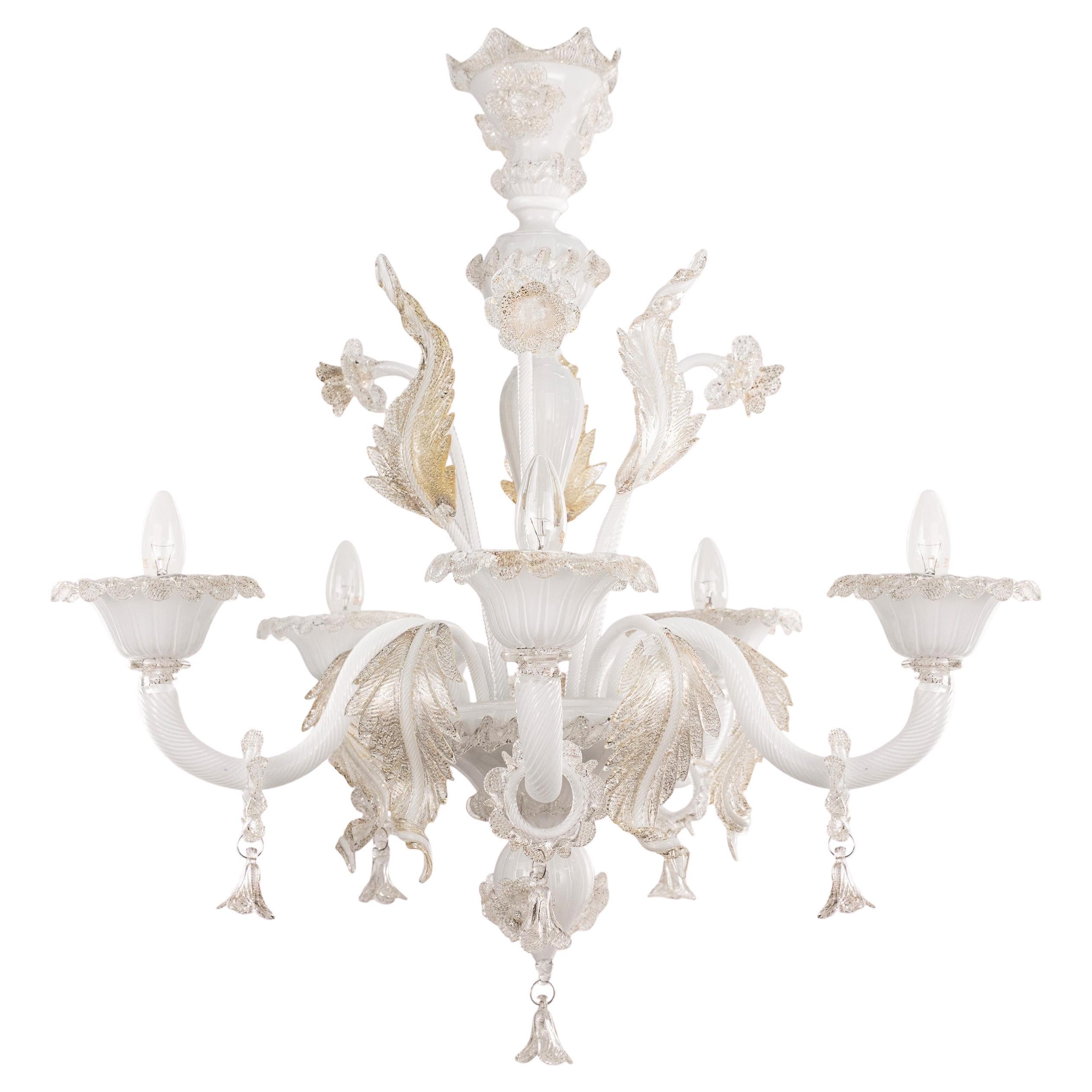Murano Weiß und Gold Glas Kronleuchter 5 Lichter, Vintage Made in Italy auf Lager