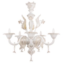Lampadario in vetro bianco e oro di Murano a 5 luci, Vintage Made in Italy in stock
