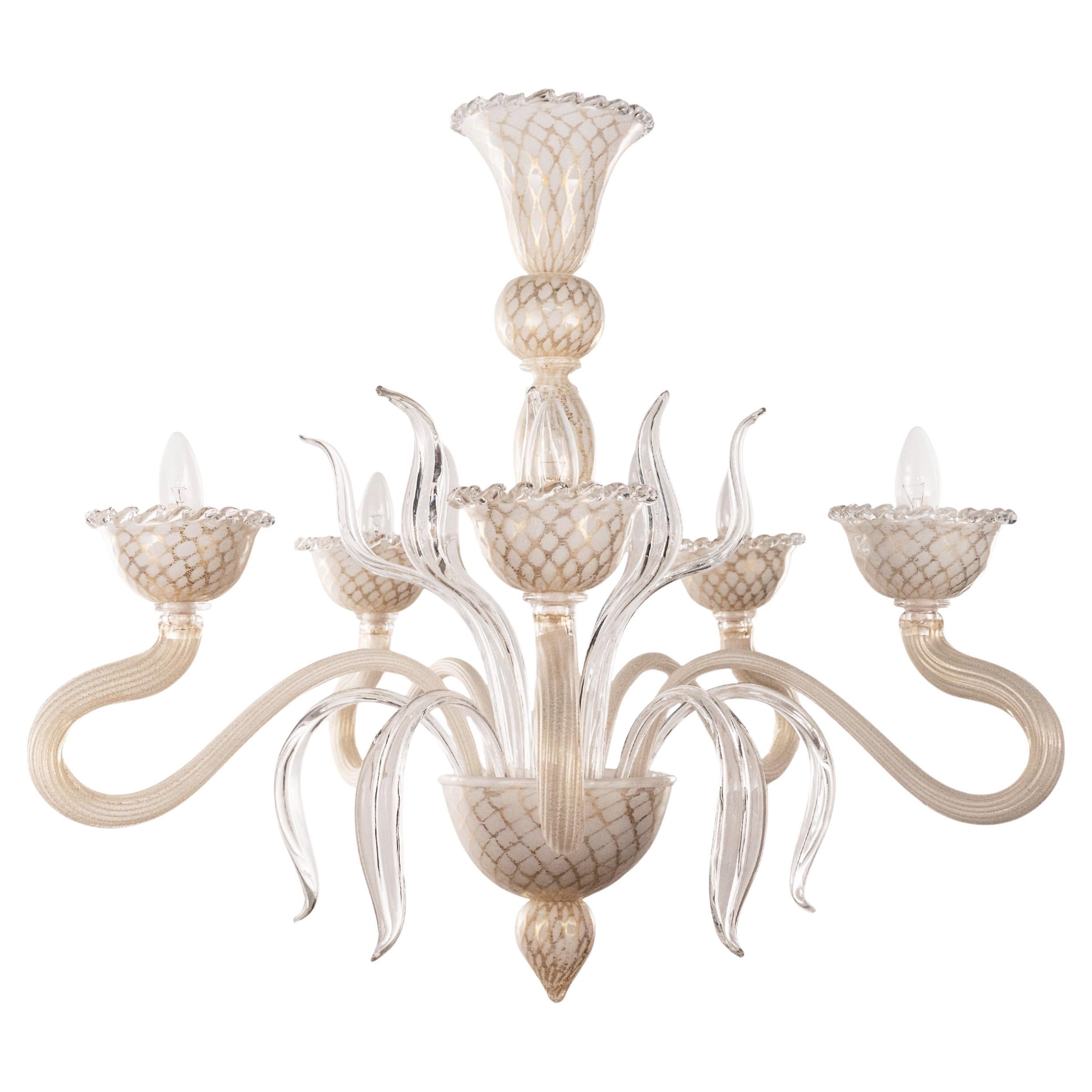Murano White and Gold glass chandelier 5 lights Vintage Made in Italy in stock For Sale