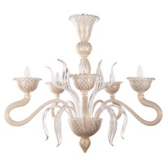 Murano White and Gold glass chandelier 5 lights Vintage Made in Italy in stock