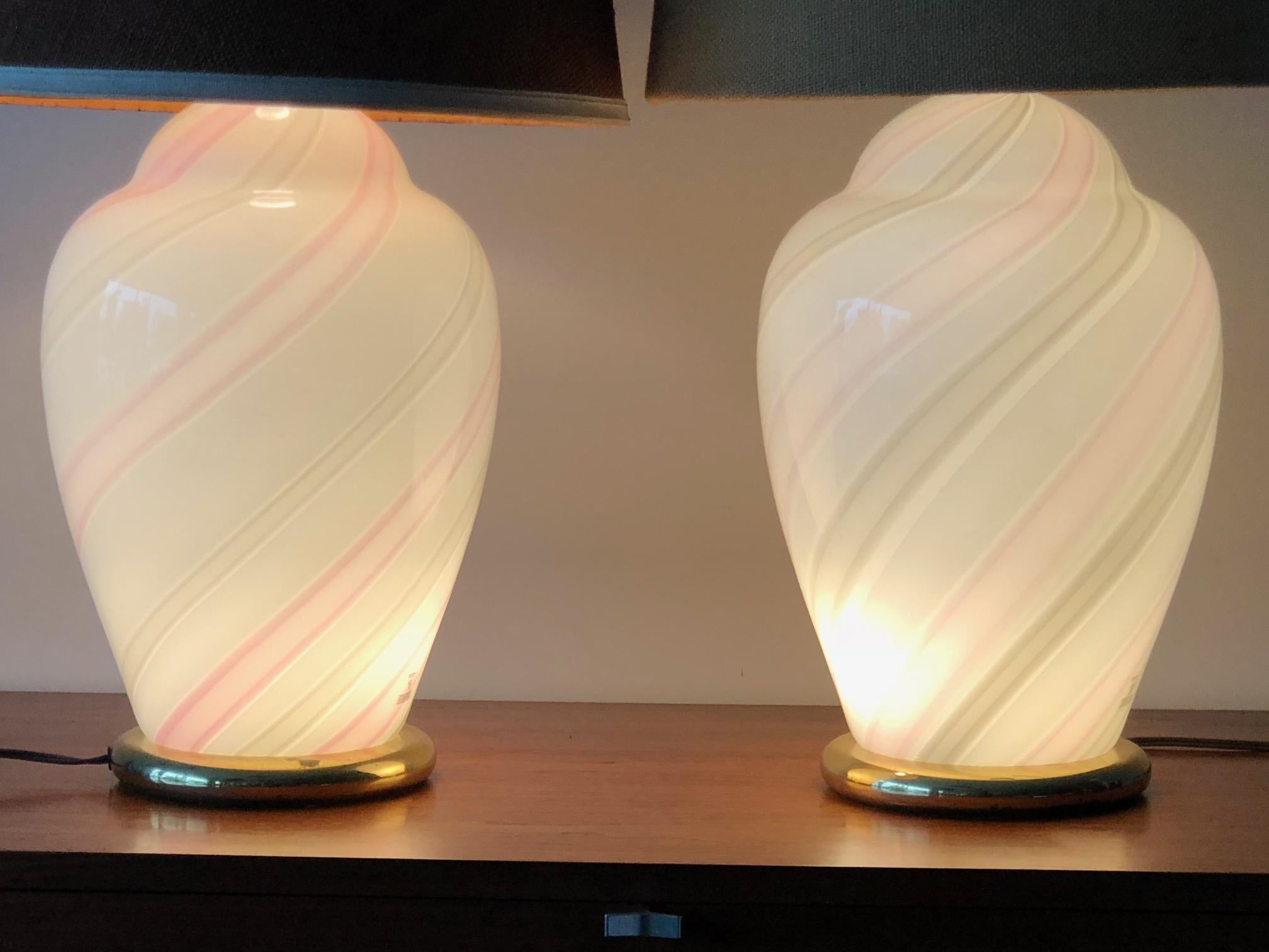 Modern Murano White and Pink Striped Glass Lamps For Sale