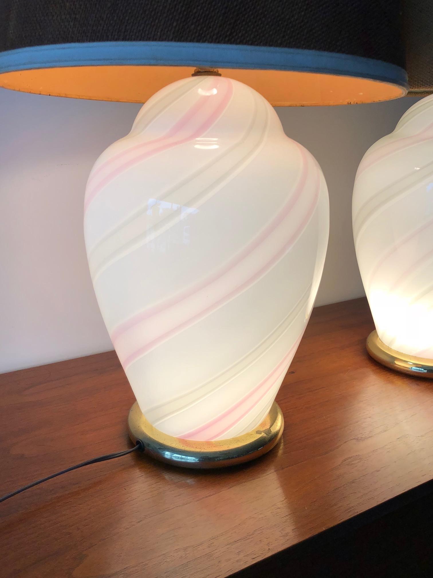 Italian Murano White and Pink Striped Glass Lamps For Sale