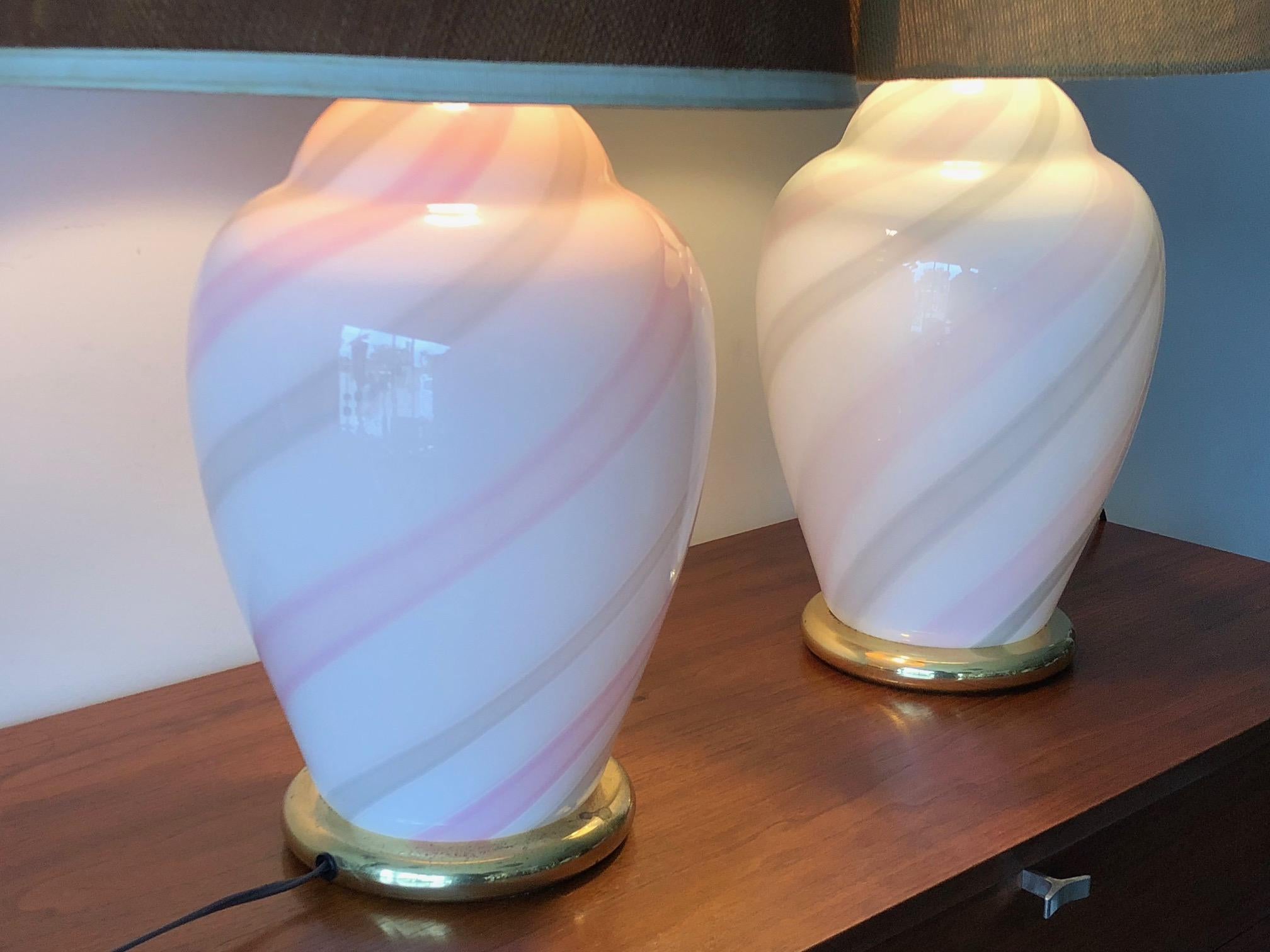 Murano White and Pink Striped Glass Lamps For Sale 2