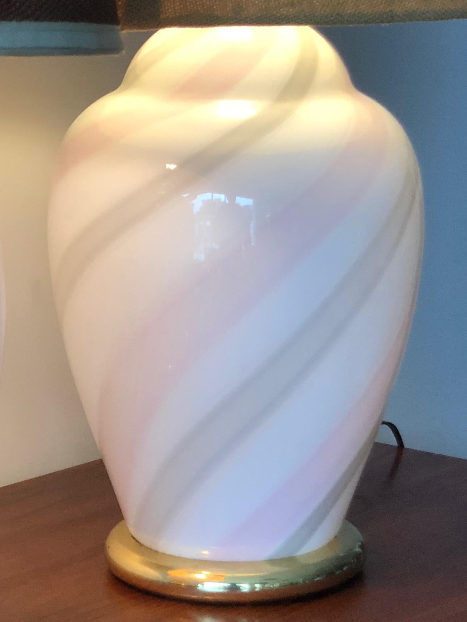 Murano White and Pink Striped Glass Lamps For Sale 3