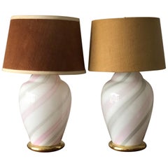 Murano White and Pink Striped Glass Lamps