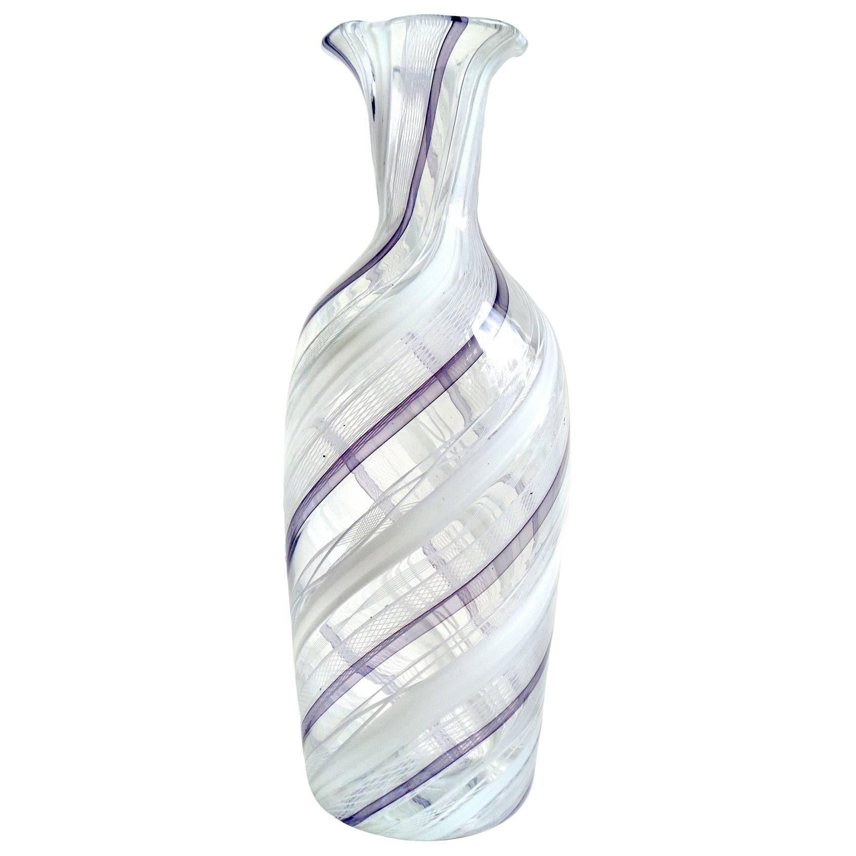 Murano White and Purple Twisting Ribbons Italian Art Glass Flower Vase