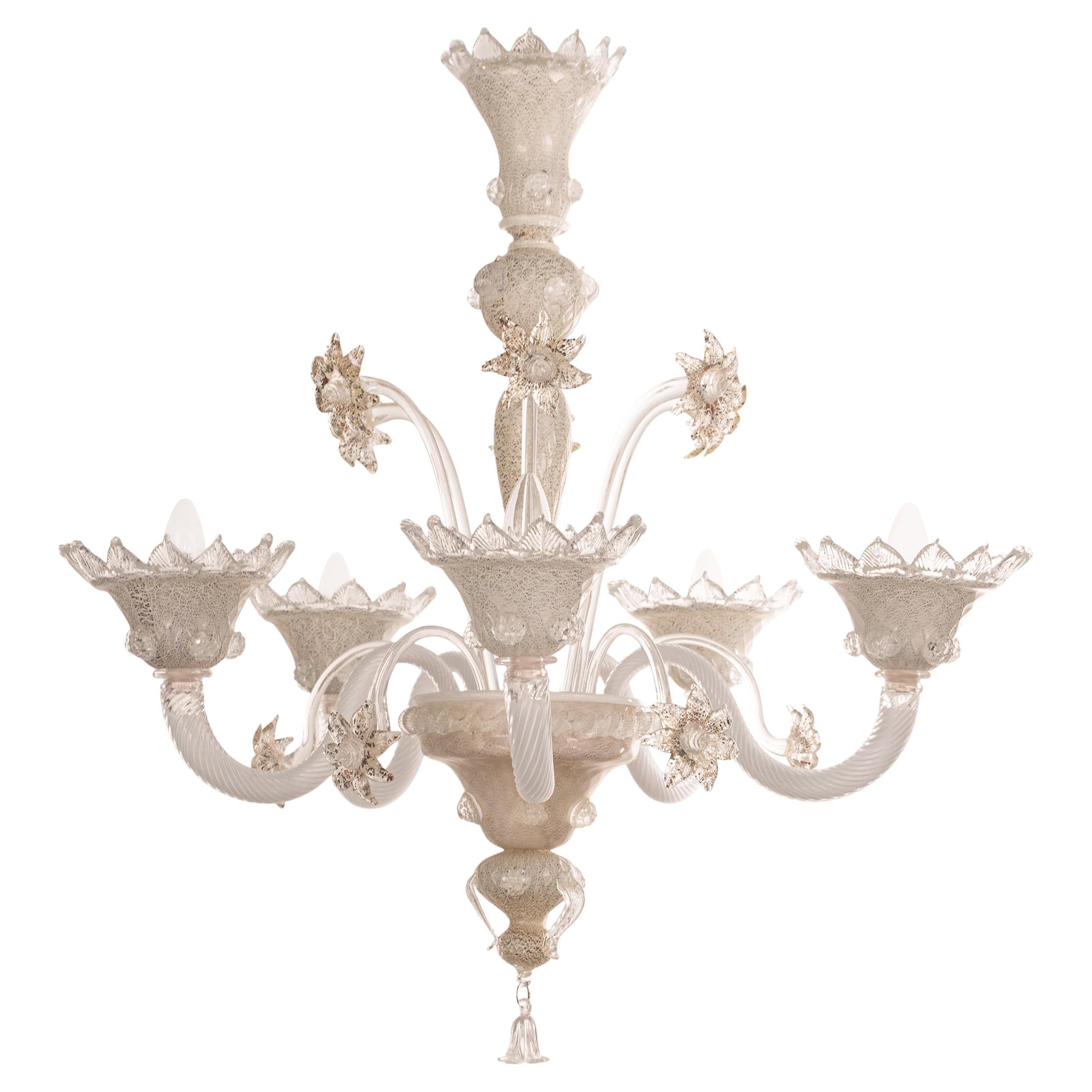 Lampadario in vetro di Murano bianco e argento 5 luci Vintage Made in Italy in stock