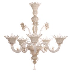 Murano White and Silver glass chandelier 5 lights Vintage Made in Italy in stock