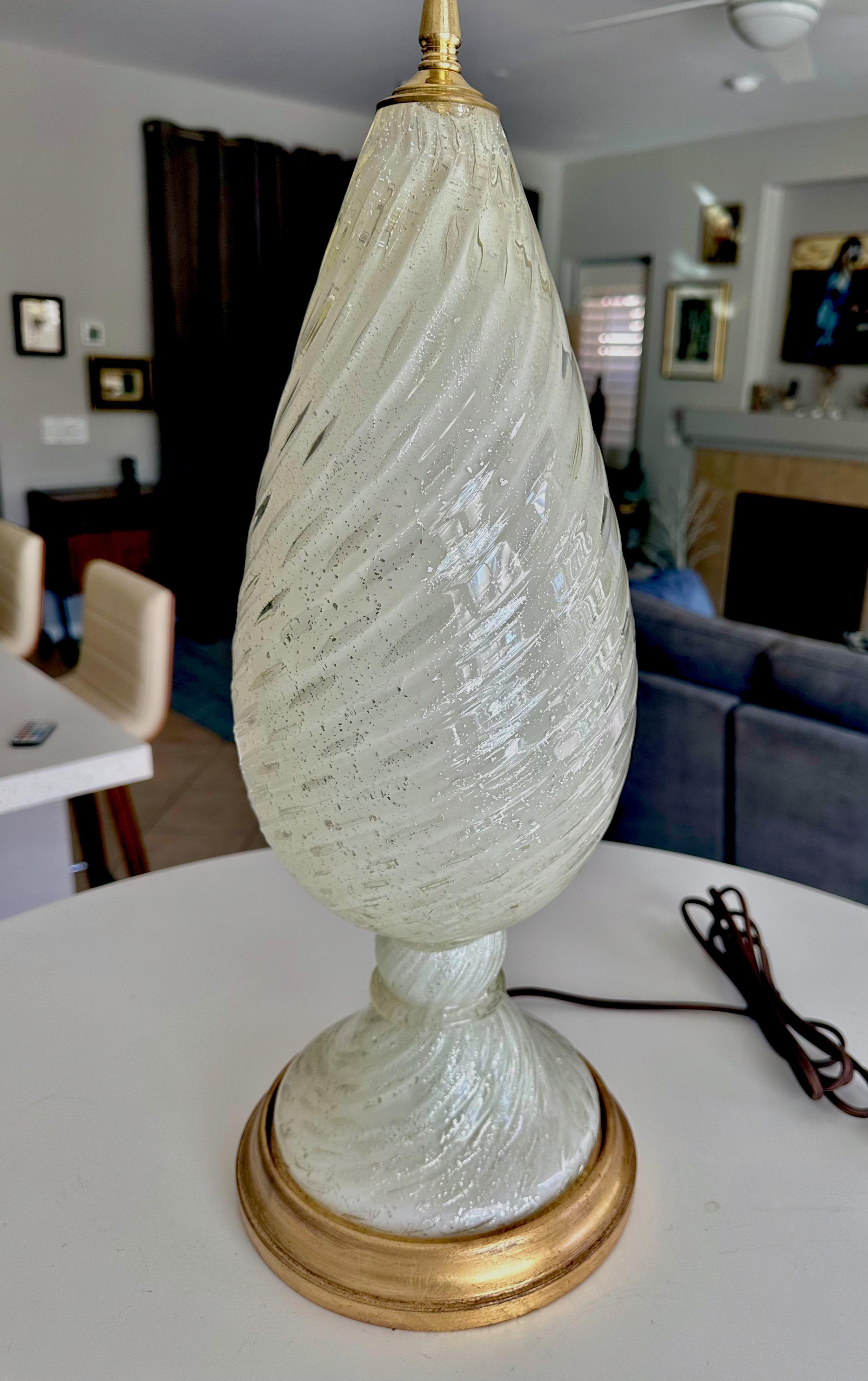 Blown Glass Murano White and Silver Inclusions Twisted Glass Table Lamp For Sale