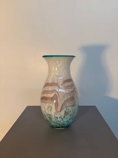 Murano White and Turquoise Art Glass Vase with Pink Swirl Design