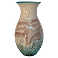 Murano White and Turquoise Art Glass Vase with Pink Swirl Design