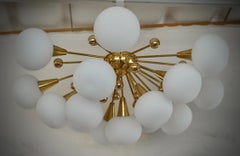 Murano Sputnik White Art Glass and Brass MidCentury Chandelier and Pendant, 2000