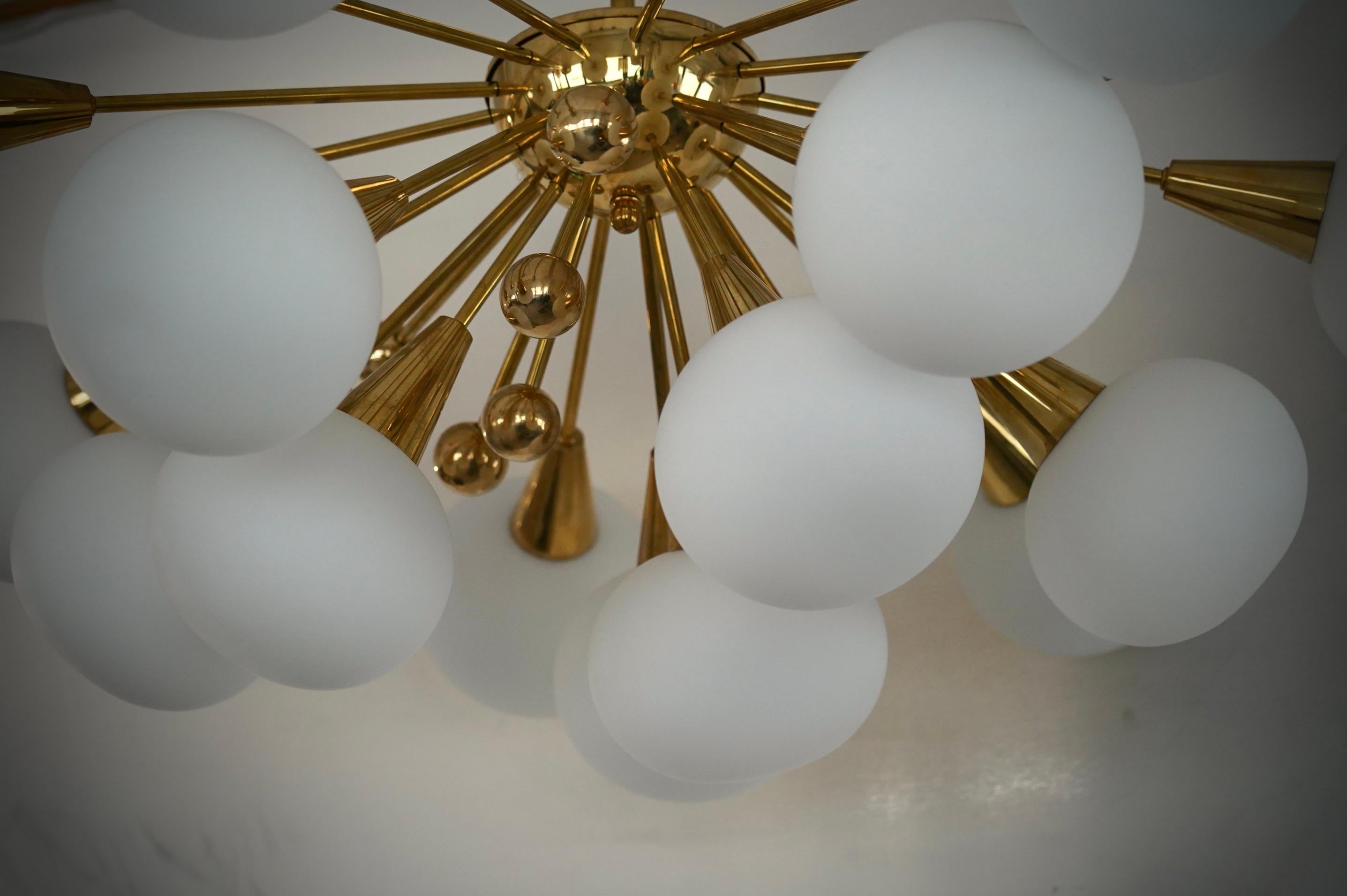 Mid-Century Modern Murano White Art Glass and Brass MidCentury Chandelier and Pendant, 2000 For Sale