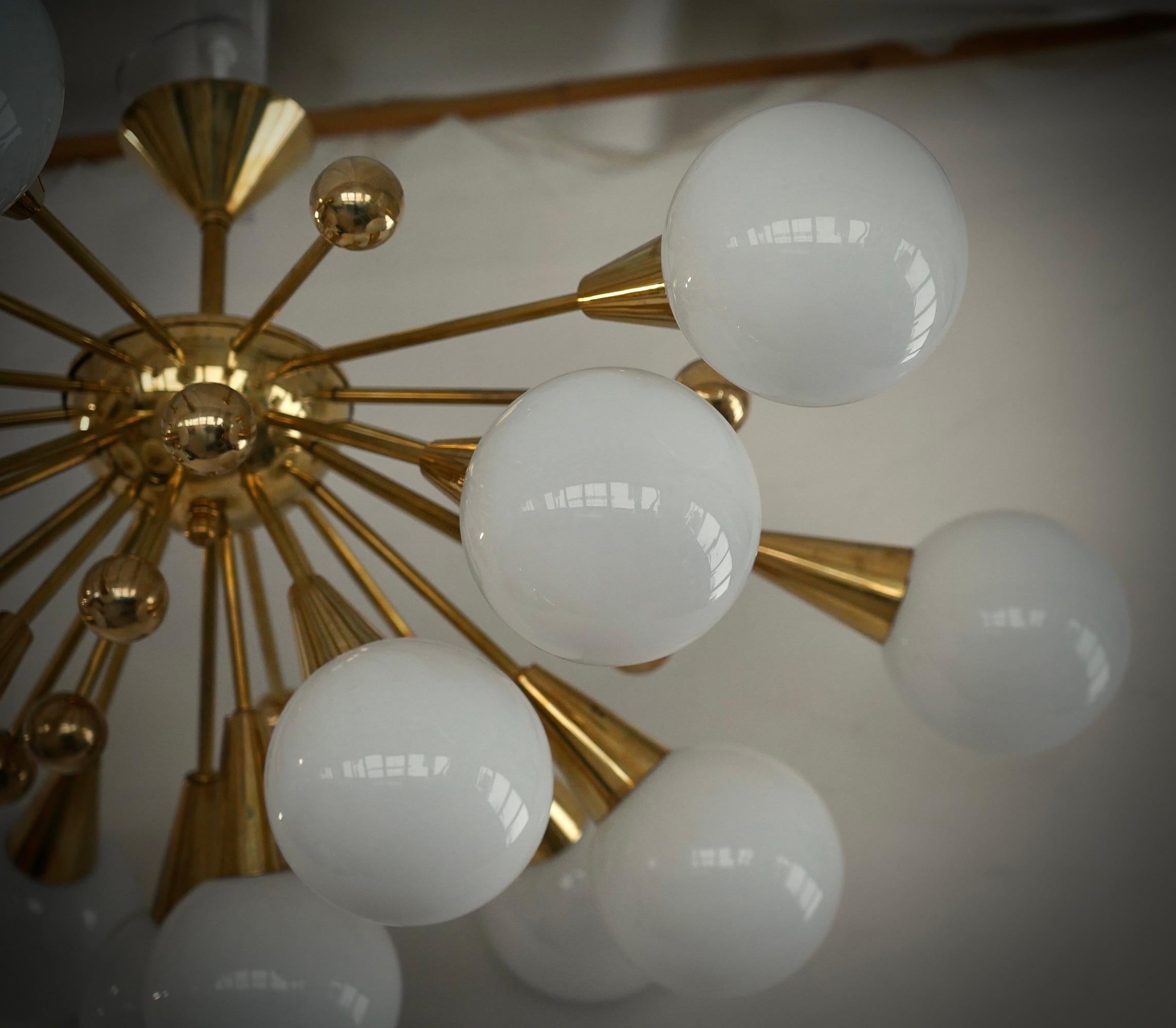 Contemporary Murano Sputnik White Art Glass and Brass Midcentury Chandelier and Pendant, 2000 For Sale