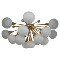 Murano White Art Glass and Brass MidCentury Chandelier and Pendant, 2000