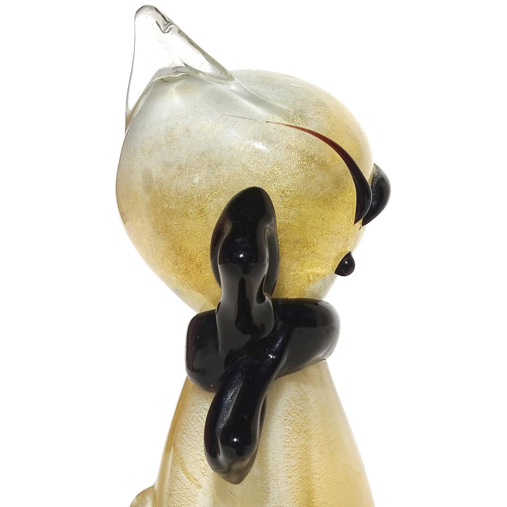 Mid-Century Modern Murano White Black Bow Gold Flecks Italian Art Glass Kitty Cat Sculpture Figure