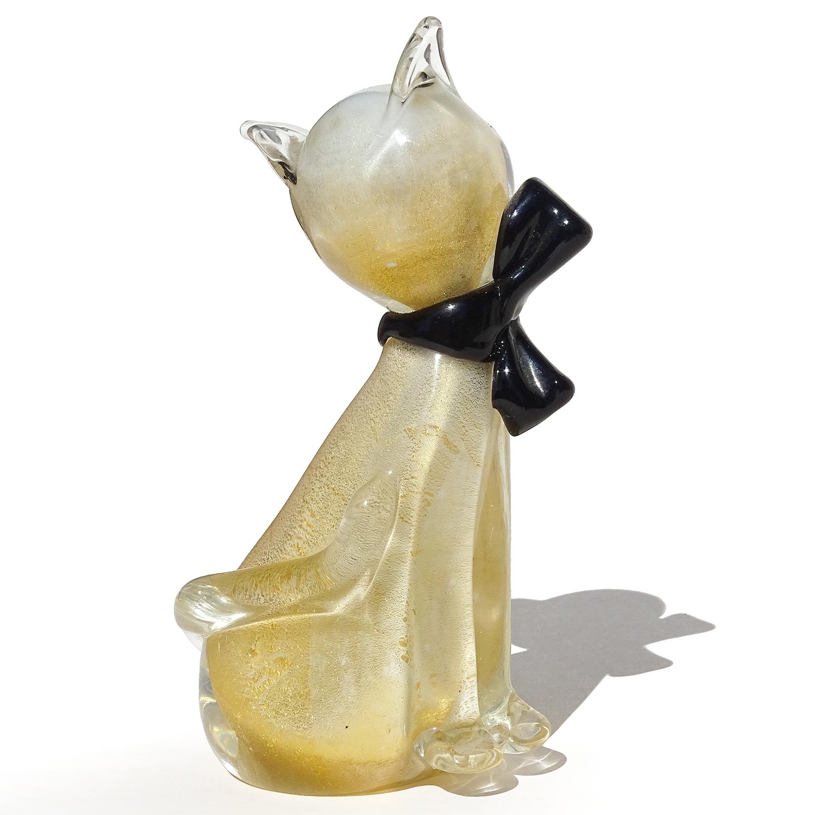 Hand-Crafted Murano White Black Bow Gold Flecks Italian Art Glass Kitty Cat Sculpture Figure
