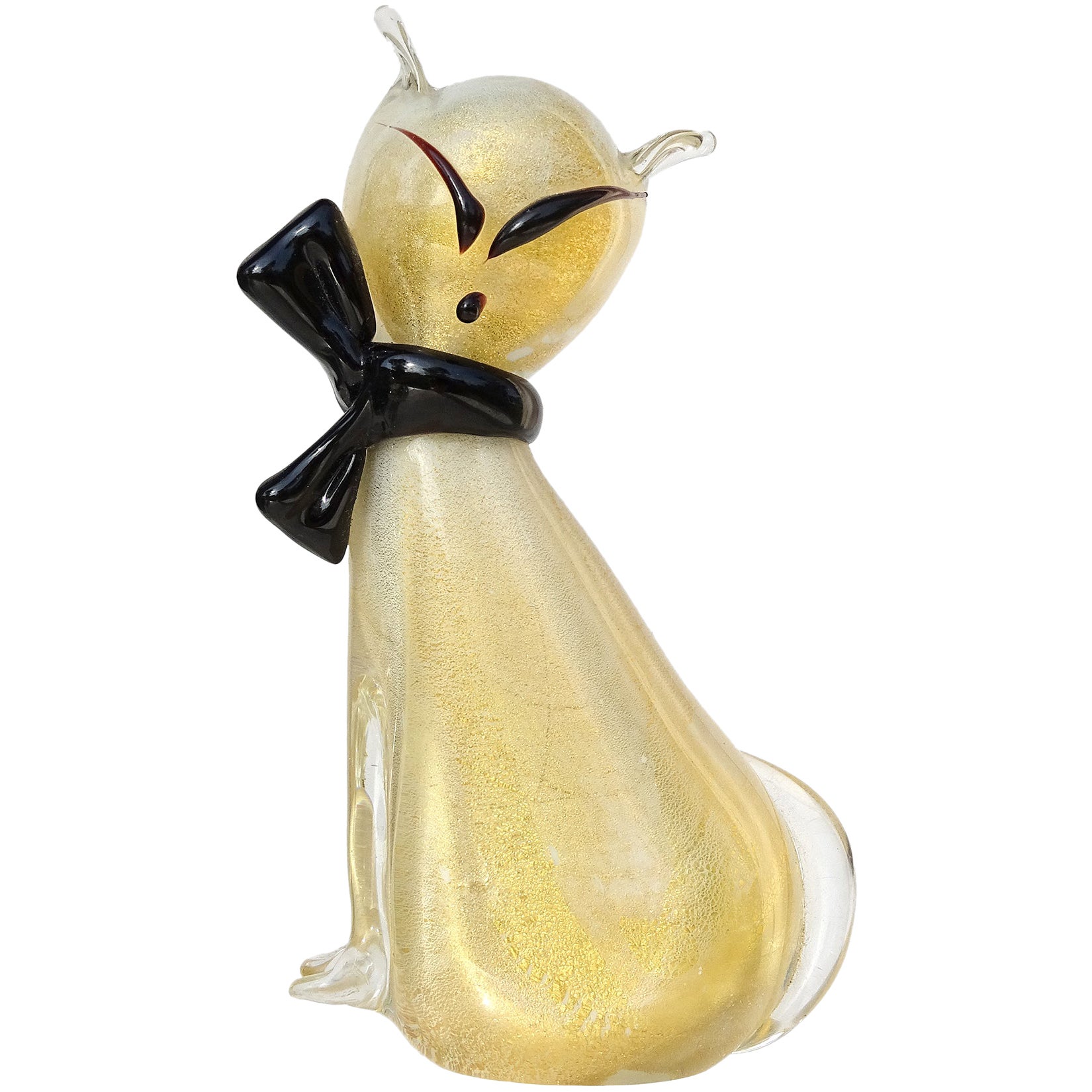 Murano White Black Bow Gold Flecks Italian Art Glass Kitty Cat Sculpture Figure