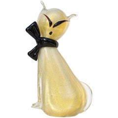 Murano White Black Bow Gold Flecks Italian Art Glass Kitty Cat Sculpture Figure