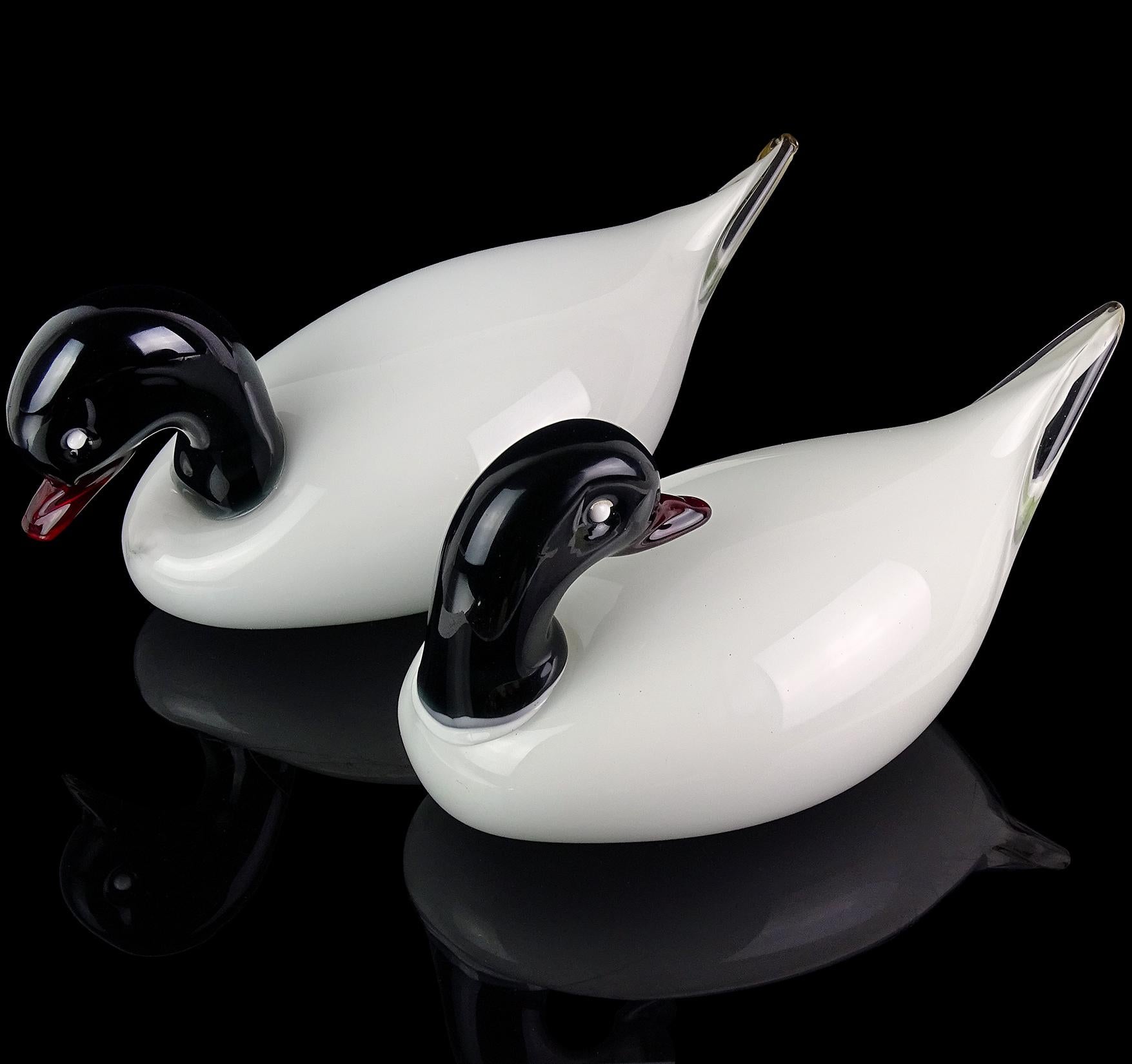 Hand-Crafted Murano White Black Italian Art Glass Male Female Decoy Duck Bird Sculptures