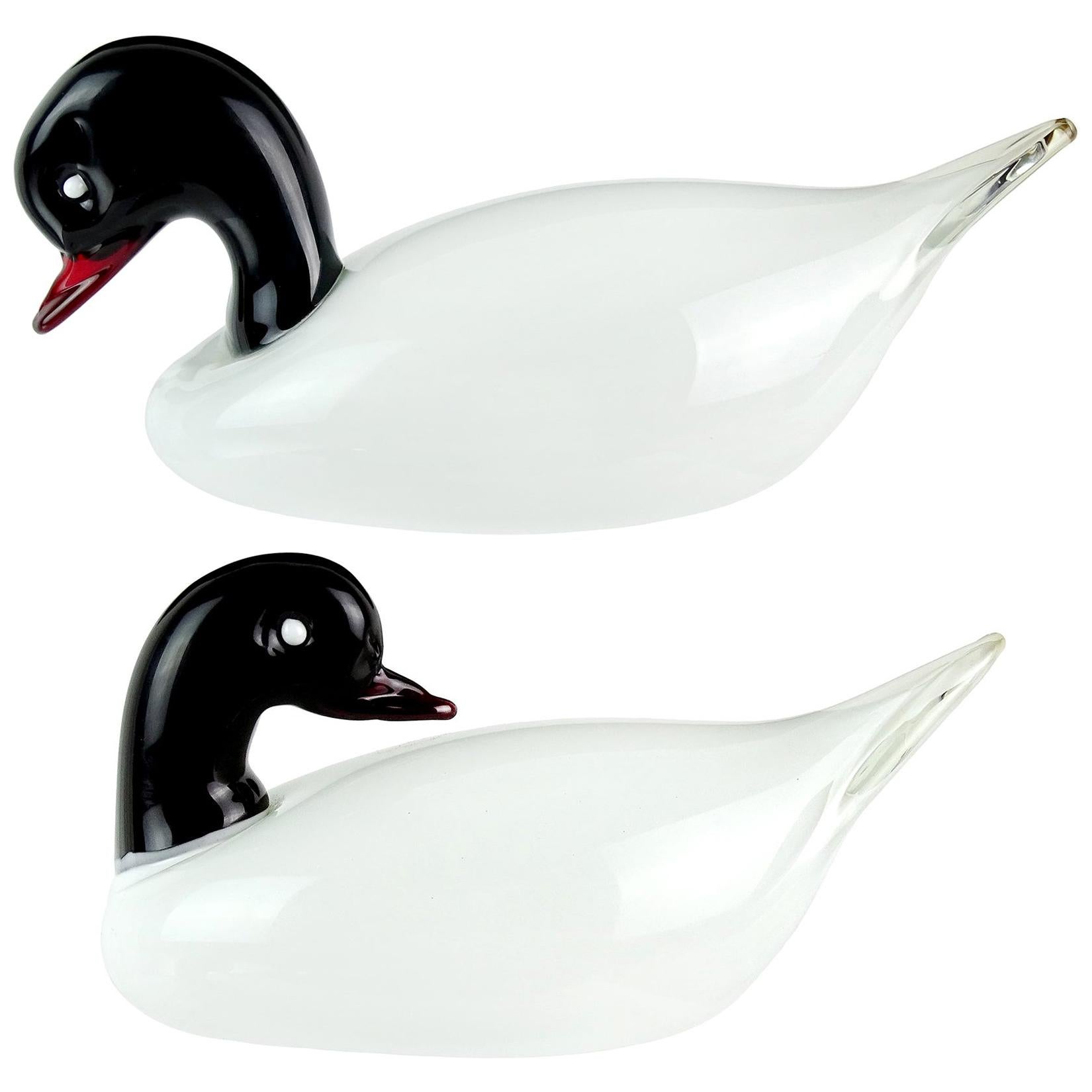 Murano White Black Italian Art Glass Male Female Decoy Duck Bird Sculptures