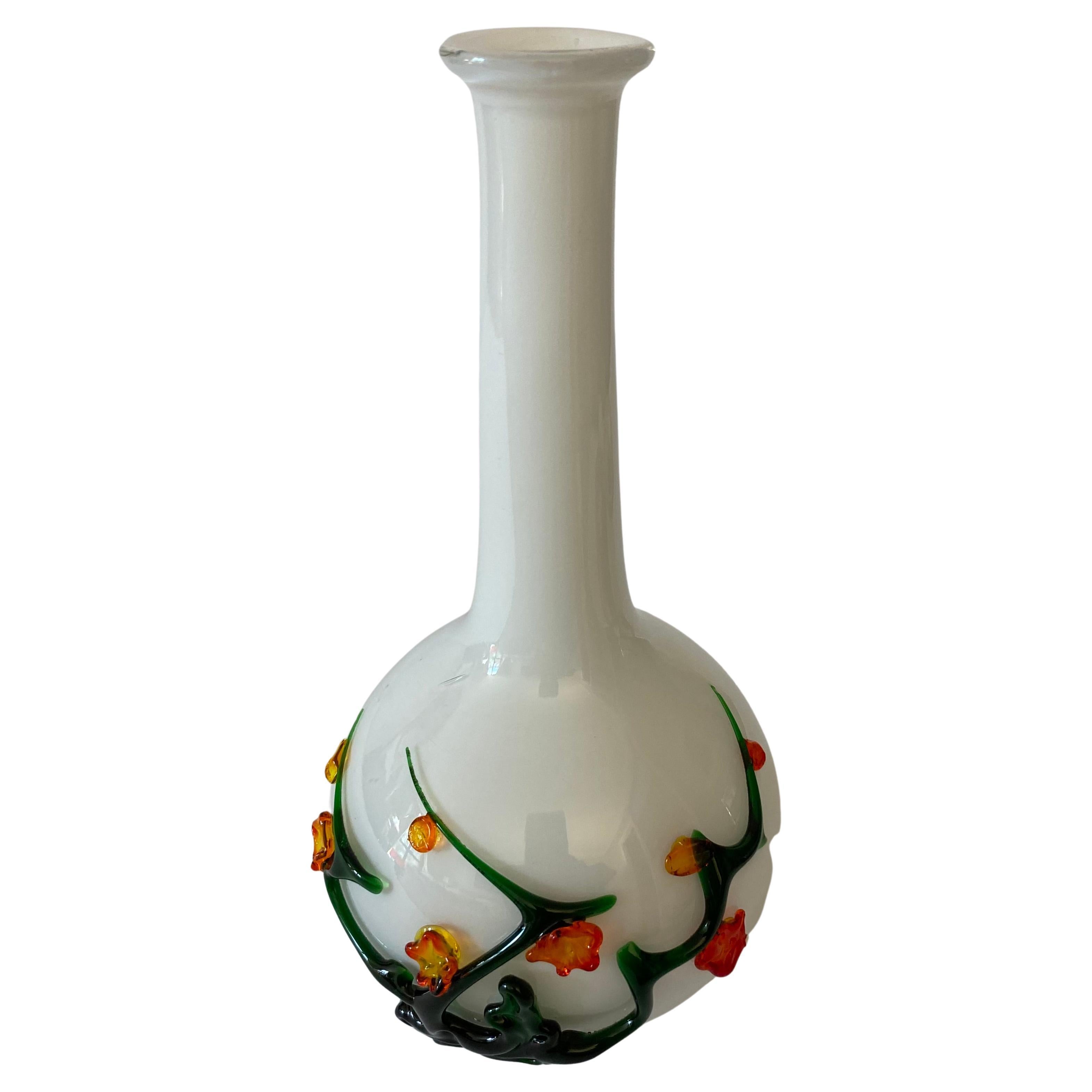 Murano White Blown Glass Flower Vase