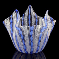 Murano White Blue Aventurine Flecks Ribbons Italian Art Glass Fazzoletto Vase