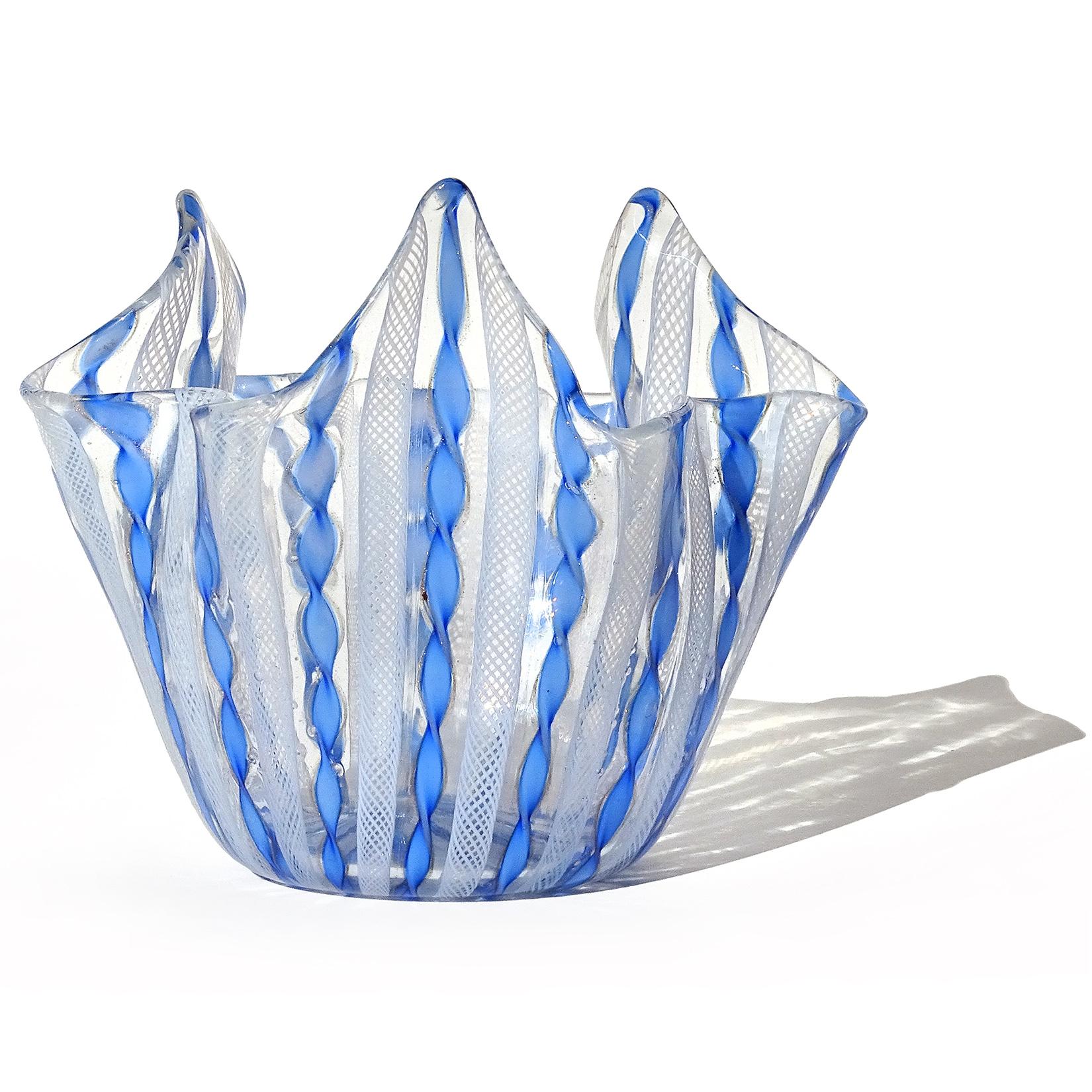 Mid-Century Modern Murano White Blue Aventurine Flecks Ribbons Italian Art Glass Fazzoletto Vase