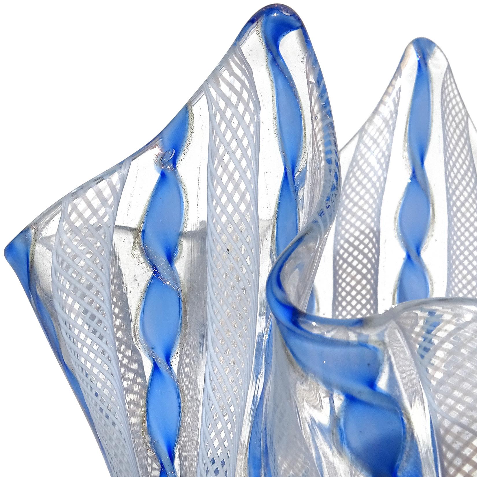 Hand-Crafted Murano White Blue Aventurine Flecks Ribbons Italian Art Glass Fazzoletto Vase