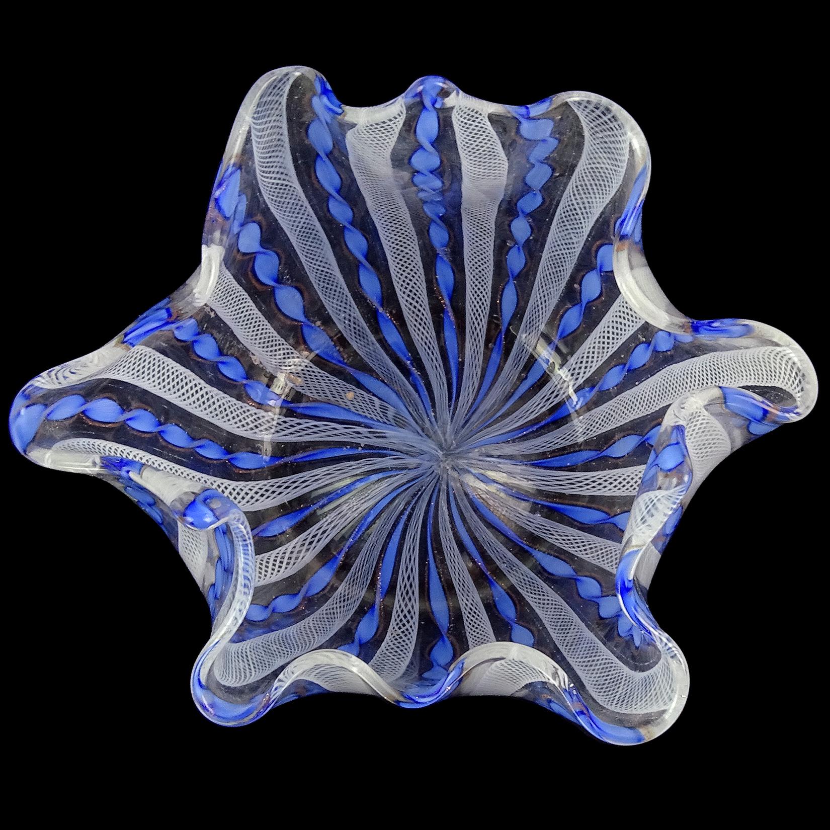 Murano White Blue Aventurine Flecks Ribbons Italian Art Glass Fazzoletto Vase In Good Condition In Kissimmee, FL